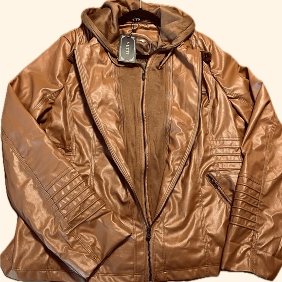 NWT WOMENS PLUS SIZE Brown Faux Leather Jacket with removable hood - Picture 2 of 9